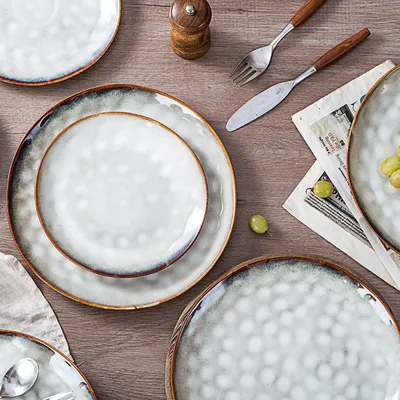 Image de Assiettes plates de 28 cm, lot de 4, en grès, de couleur beige, pour la cuisine