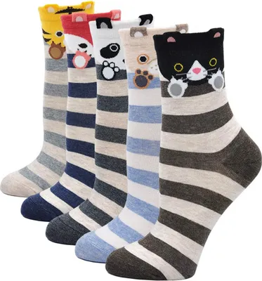 Produktbild von ASKSA Lustige Socken Damen Bunte Socken aus Baumwolle, Karikatur Tier Socken Damen Witzige Socken Frauen Weihnachtssocken Sneakersocken, 5 Paare,Weiss