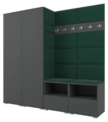 Produktbild von Garderobe NELA VI 200 cm Kompaktgarderobe Graphit mit Sitzpolster Flaschengrün 28 (Schrank & Paneel)