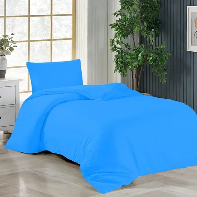 A bed with blue bedding is shown in a room with a window and a plant.