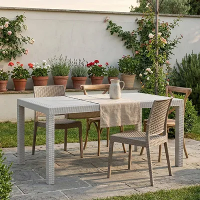 Immagine prodotto di Dmora Tavolo da Esterno Adila 90x150x74h cm Bianco, 10 Posti Resistente ai Raggi uv, Waterproof, Lavabile, 100% Resina Riciclabile  Italy