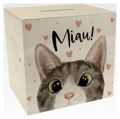 Produktbild von Holz-Spardose MIAU mit Katzenmotiv, bunt bedruckt, ca. 9,8 x 10,1 x 8 cm