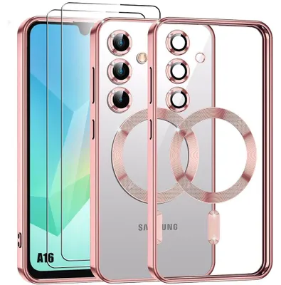 Image de Coque + 2 Verres Trempés pour Samsung Galaxy A16 4G/5G, Protection Silicone avec Anneau Magnétique Film Caméra - Rose