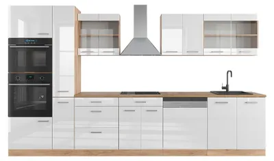 Obrázek produktu pro Kuchyňský kout Vicco R-Line Bílý vysoký lesk/zlatý dub power 350 cm s vysokou skříní, bez pracovní desky, Model 37661