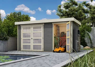 Produktbild von Karibu Gartenhaus Gerätehaus 2-Raum-Haus Mühlentrup 1 terragrau 404x217x211 cm