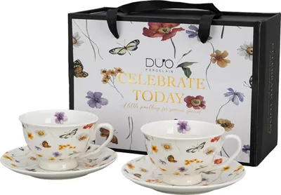 Zdjęcie produktu dla DUO | Filiżanka – porcelanowa filiżanka – 250 ml – zestaw 2 sztuk – w kwiaty – spodek – w pudełku prezentowym