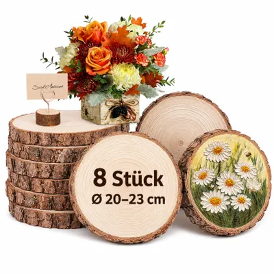 Produktbild von Holzscheiben 20 cm, 8 Stück Baumscheiben 20-23 cm aus Kiefernholz ohne Loch, 20 mm dick, ungeschliffen, zum Basteln, DIY Deko Hochzeit Weihnachten