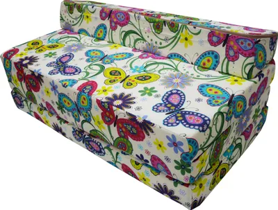 A folded mattress with a colorful butterfly and floral pattern.