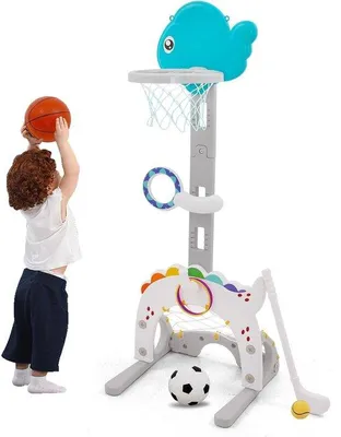 Productafbeelding van Unyqoos® 5-in-1 Kindersportset – verstelbaar basketbalstandaard (95–135 cm), inclusief basketbal, voetbal, golfspel en worpspel, geschikt voor kinderen vanaf 3 jaar, voor binnen en buiten