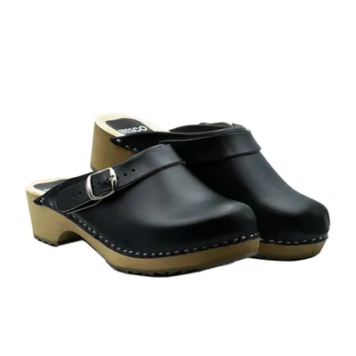 Produktbild von Damen Holzclogs aus Echtleder Schwarz – Bequeme Holzpantoletten mit verstellbarem Riemen 37