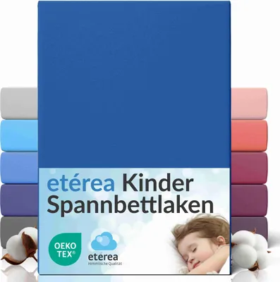 A stack of colorful fitted sheets with a blue sheet prominently displayed in the front, alongside cotton bolls and a sleeping child.