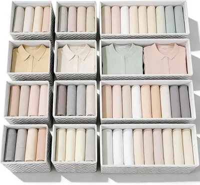 Produktbild von PolkaHome® Set von 12 faltbaren Schubladen-Organizern, Vliesstoff, für Unterwäsche, BHs, Krawatten, Socken, Aufbewahrungsbox mit