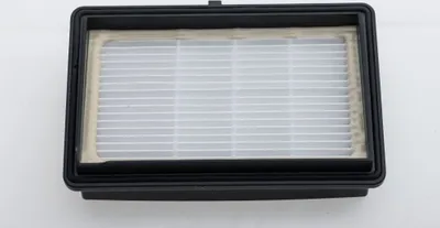 A close-up, top-down view of a black and white vacuum cleaner filter with a tan seal.