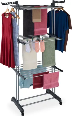Produktbild von Relaxdays Wäscheständer Turm, ausklappbare Flügel, HBT: 179 x 126 x 63,5 cm, Metall, rollbarer Turmwäscheständer, grau