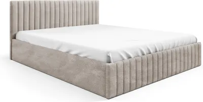 A modern upholstered bed with a slatted headboard and frame, covered in a textured beige fabric.