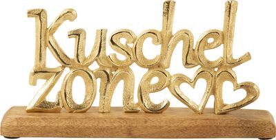 Schriftzug Kuschelzone mit Herzen auf Holzsockel Gold Breite 31cm