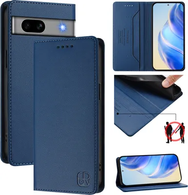 Image de Étui en cuir pour Google Pixel 7A, étui à rabat avec fentes pour cartes, portefeuille et support Bleu