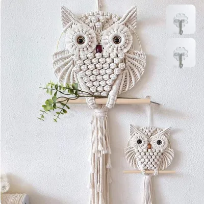 Obrázok produktu pre Makramé nástenná dekorácia sova 2 ks, ručne vyrobený boho ornament, pre obývačku