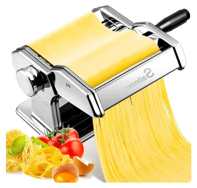 Produktbild von Nudelmaschine aus Aluminiumlegierung mit 9 Stärkeinstellungen und 2 Schneidvorrichtungen für Spaghetti, Fettuccini und Lasagne, manuell (Silber)