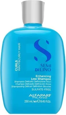 A bright blue bottle of Alfaparf Milano Semi Di Lino Curls Enhancing Low Shampoo against a white background.