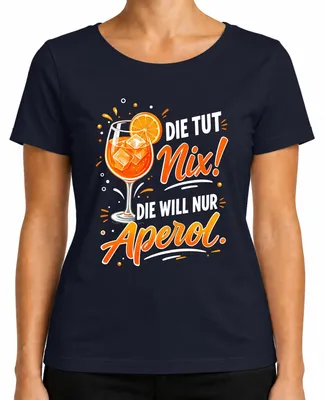 Immagine prodotto di Questa maglietta non fa nulla! È una maglietta da donna, ideale per l'estate, per un aperitivo con le amiche, con la scritta "Aperol Spritz", colore blu navy, taglia L
