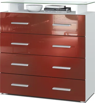 Produktbild von Vladon Sideboard Pavos V2, Kommode mit 4 Schubladen und Glasablage, Weiß matt/Bordeaux Hochglanz (76 x 81 x 35 cm)