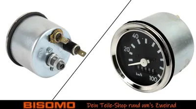 Produktbild von Tacho Set, Tachometer 100km/h Ø 60mm mit Chromring Blinkkontrolle + Tachowelle 800mm + Tachohülle für Simson S50 S51 S53 S70 S83 + Bisomo Sticker