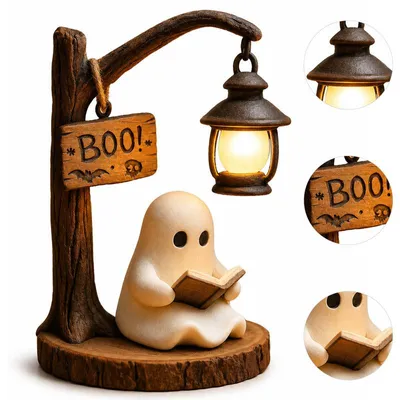 Produktbild von Geisterlampe Halloween Deko, LED Nachtlicht mit lesendem Geist, Bücherregal Dekoration für Leser, kabellose Tischlampe für Schlafzimmer & Kinderzimmer