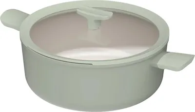 A light green pot with a glass lid and light gray handles is shown against a white background.