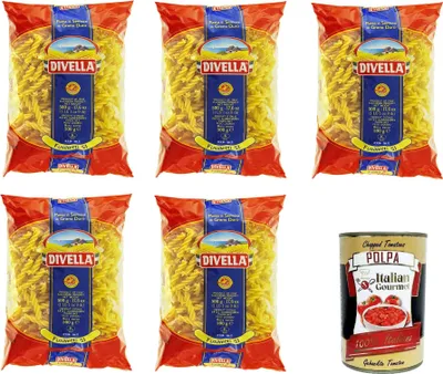 Produktbild von Divella Fusilletti N°51 Hartweizengrieß Pasta Italienische Nudeln 5x500g Packung + Italian Gourmet Polpa di Pomodoro 400g