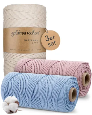 Produktbild von Makramee Garn 3er Set 3mm (Naturell 200m, Himmelblau 100m, Altrosa 100m) 100% Baumwollgarn für DIY Wandteppich, Pflanzenhänger, Pflanzenampel