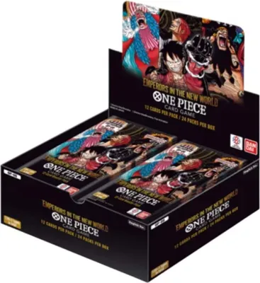 A booster box of One Piece trading cards, specifically the 'Emperors in the New World' set, is displayed.