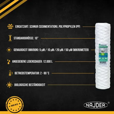 Produktbild von NAJDER Wasserfilterpatronen 10 Zoll String, Mikronage 5μ, für Filtergehäus, Wasserfilter Kartusche, für die Vorfiltration, 5 Stück, Patronensatz