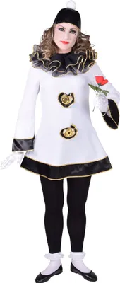 Produktbild von M218169-S weiß-schwarz Damen Pierrot Clownkleid Kasperkleid Zirkuskleid Gr.S