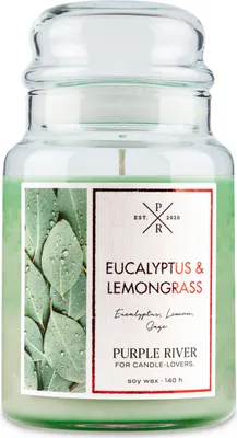 Obrázok produktu pre Vonná sviečka Purple River Eucalyptus & Lemongrass, ručne liata, sójový vosk, 623 g, doba horenia 140 hodín, sklenený pohár, 2 bavlnené knôty