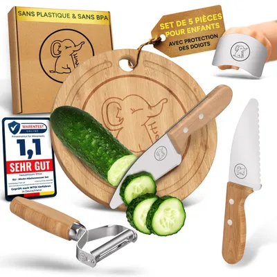 Image de Eli®Service de couteaux pour enfants en acier inoxydable, service de couteaux de cuisine pour enfants de haute qualité, 4 pièces, couteau avec protège-doigts et grattoir, service pour enfants