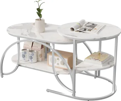 Zdjęcie produktu dla ProximaX Nowoczesny stolik kawowy z białym marmurowym blatem i srebrnymi metalowymi nogami - elegancki stolik do salonu z solidną ramą i stylowym designem