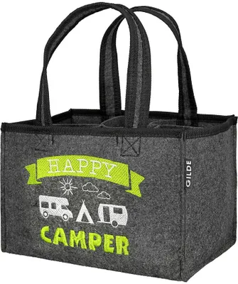 Produktbild von Filz Flaschentasche Happy Camper schwarz mit besticktem Motiv
