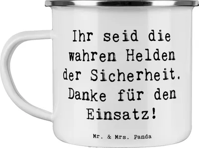 Produktbild von Mr. & Mrs. Panda Pott Spruch Sicherheitsdienst Helden - Weiß - Geschenk, Emaille Tasse, Dankeschön, Handgefertigt, Teetasse, Bedanken, Outdoor Becher, Aufmerksamkeit, Mut
