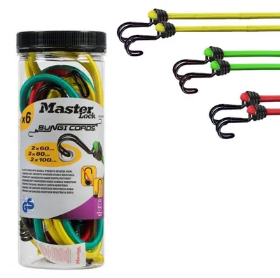 Produktbild von MASTER LOCK Gummi-Spannseile mit Haken [Set mit 6 Spannseilen] [2 * 60 cm + 2 * 80 cm + 2 * 100 cm] [Doppelter Invershaken] 3040EURDAT - Ideal zum Transportieren, Verpacken und Sichern von Lasten