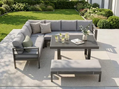 Produktbild von MeXo Gartenlounge Set Aluminium 5-teilig, L-Form Sofa mit Tisch für 6–8 Personen, wetterfest