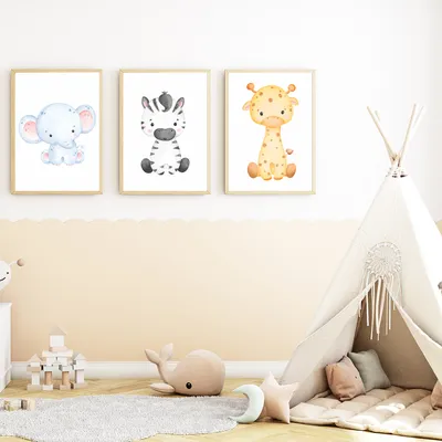Produktbild von Niedliche Safari Tiere Elefant Zebra Giraffe 3er Set Kinderzimmer Bilder DIN A4 Wandbilder Deko Babyzimmer Poster