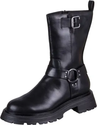 A black leather boot with a buckle and strap.