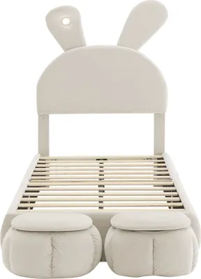 Produktbild von Flieks Polsterbett Kinderbett 90x200cm mit 2 Sitzbank, Einzelbett Jugendbett Holzbett mit Led, Bett mit Kaninchenohrenförmigem Kopfteil, Samt, Beige
