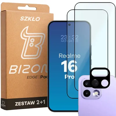 Produktbild von 2x Gehärtetes Glas + Kameraschutz für Realme 16 Pro 5G, Bizon Glass Edge Pack, Schwarz