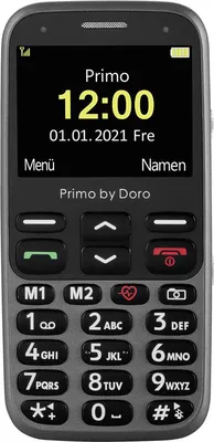 A close-up front view of a Doro Primo 368 mobile phone displaying the time and date on its screen.