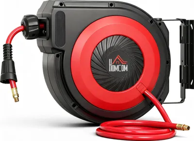 Image de Enrouleur de tuyau rétractable, longueur 16,5 m, fixation murale, rouge/noir