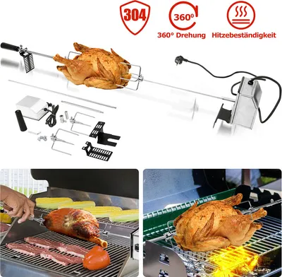 Immagine prodotto di Jopassy Spiedo elettrico, spiedo girevole universale in acciaio inossidabile da 107 cm con 2 spiedini per carne, motore, spiedo per barbecue a gas, set girarrosto 220-240 V