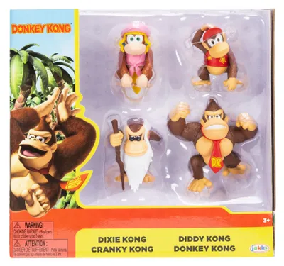 Produktbild von Nintendo Donkey Kong 6.35 cm Figuren-Multipack, offiziell lizenziert von Jakks Pacific, enthält die Minifiguren Donkey Kong, Diddy Kong, Dixie und Cranky, detailgetreu gestaltet, 3+
