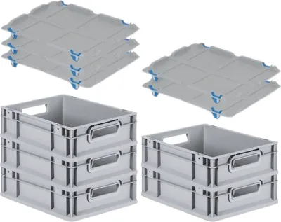 Produktbild von SparSet 5x Eurobox NextGen Economy mit Auflagedeckel und 4x Schiebeschnappverschlüsse Blau | Griffe offen | HxBxT 12x30x40cm | 11 Liter | Eurobehälter, Transportbox, Transportbehälter, Stapelbehälter